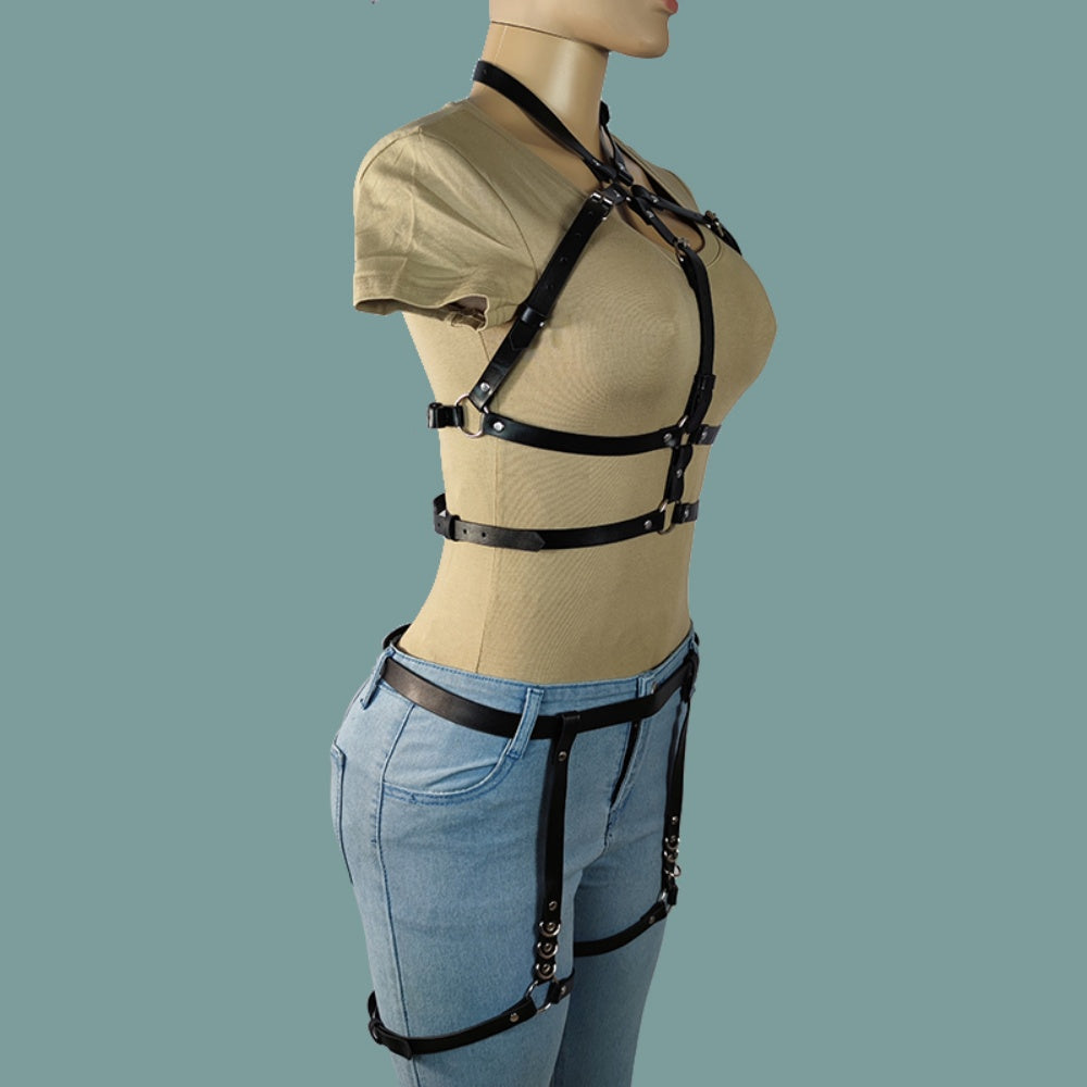 Punk Leather Body Chains Black Sexy Body Harness Layered Leg Chains Waist Chain Rave Nightclub Party Body Jewelry For Women