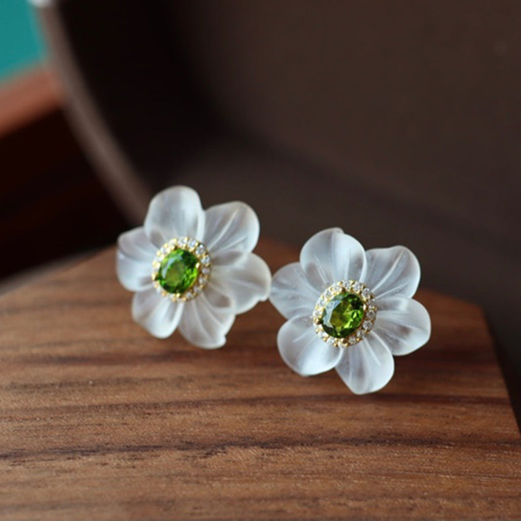 Natural White Crystal Carved Stud Earrings For Women