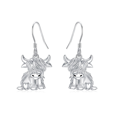 Highland Cow Earrings for Women 925 Sterling Silver Cow Dangle Drop Earrings