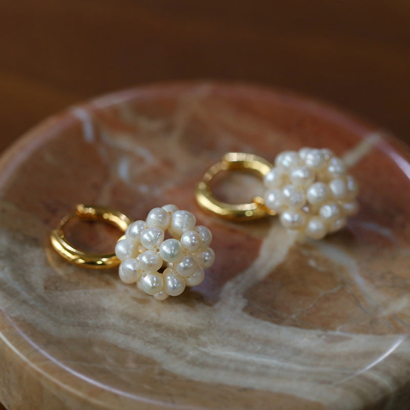 Hand-woven Spherical Pearl Earrings For Women