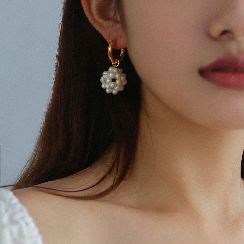 Hand-woven Spherical Pearl Earrings For Women