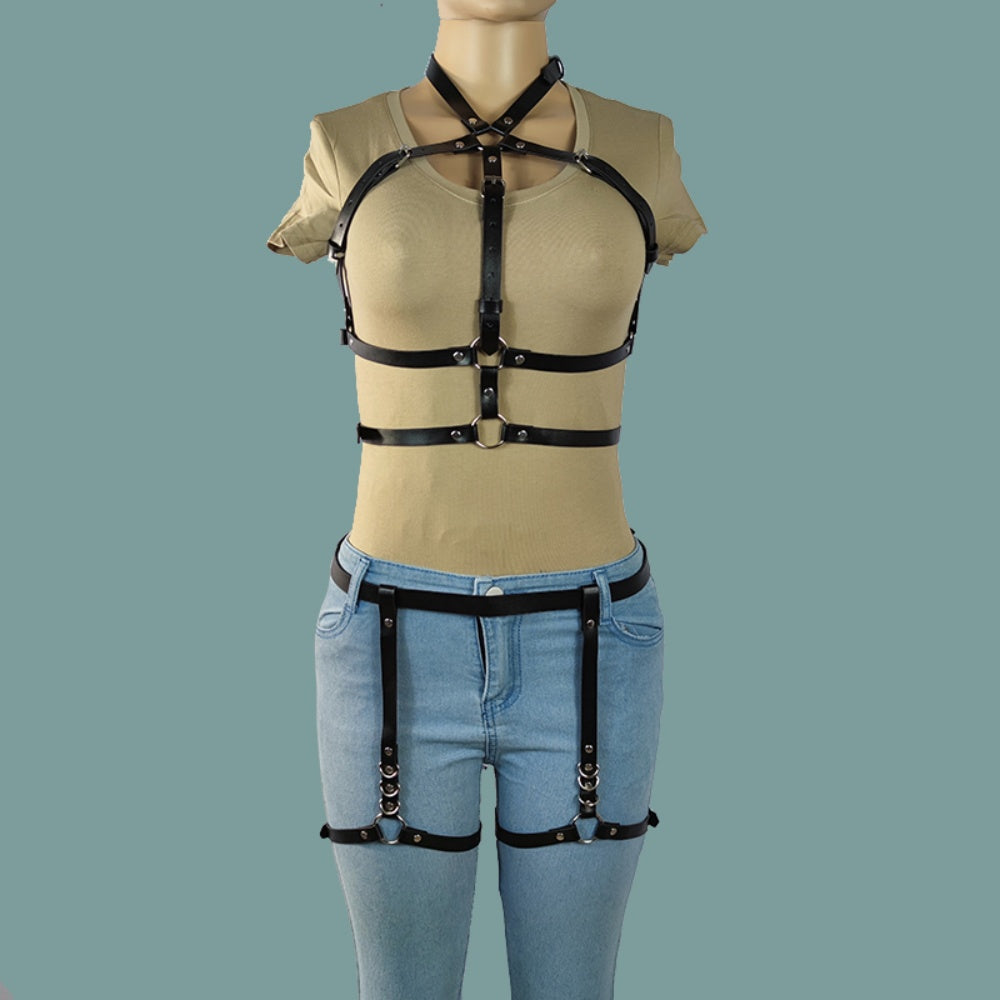 Punk Leather Body Chains Black Sexy Body Harness Layered Leg Chains Waist Chain Rave Nightclub Party Body Jewelry For Women