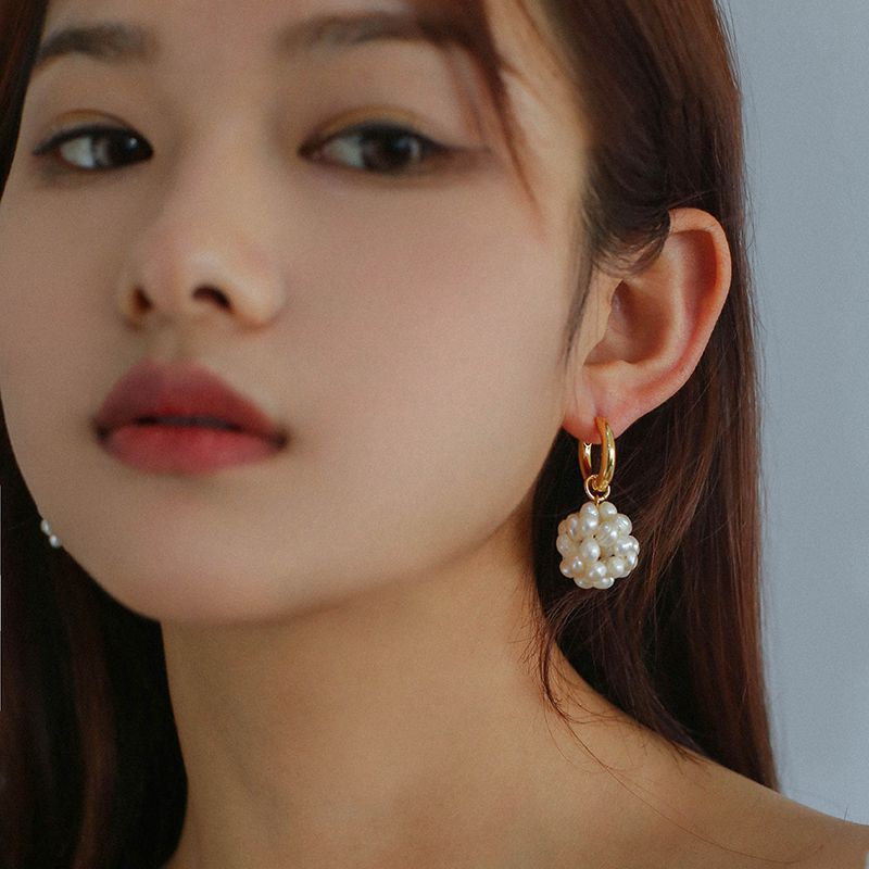 Hand-woven Spherical Pearl Earrings For Women