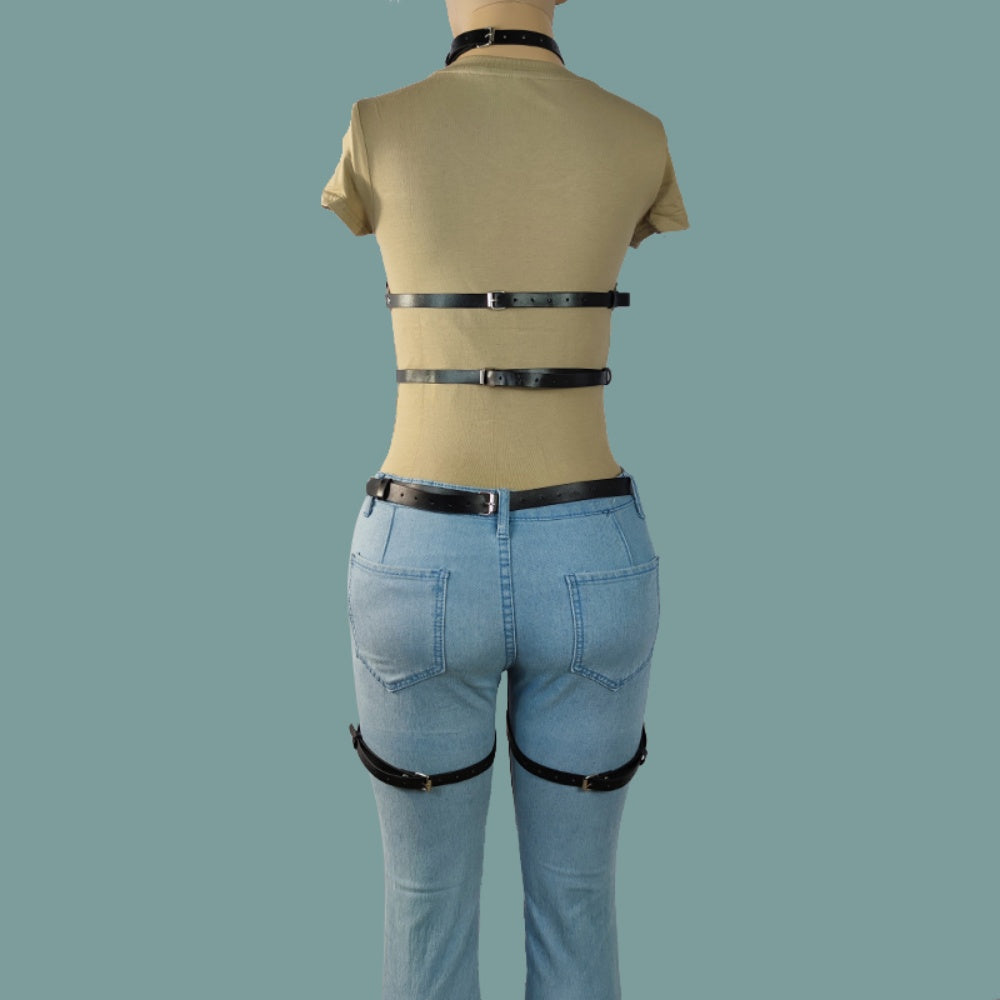 Punk Leather Body Chains Black Sexy Body Harness Layered Leg Chains Waist Chain Rave Nightclub Party Body Jewelry For Women